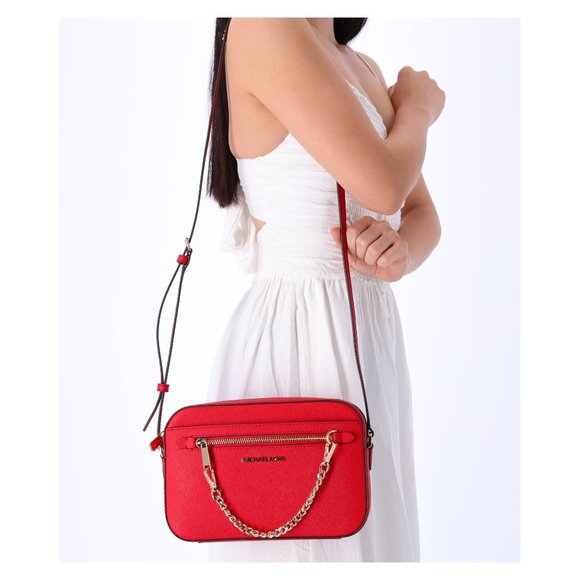 Michael Kors Jet Set Large East West  Zip Chain Crossbody Bag Bright Red Leather - Picture 1 of 9